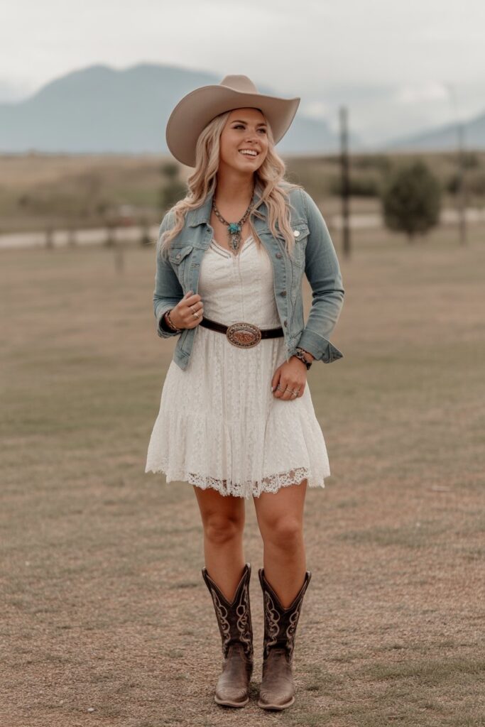 White Lace Dress + Cowboy Boots