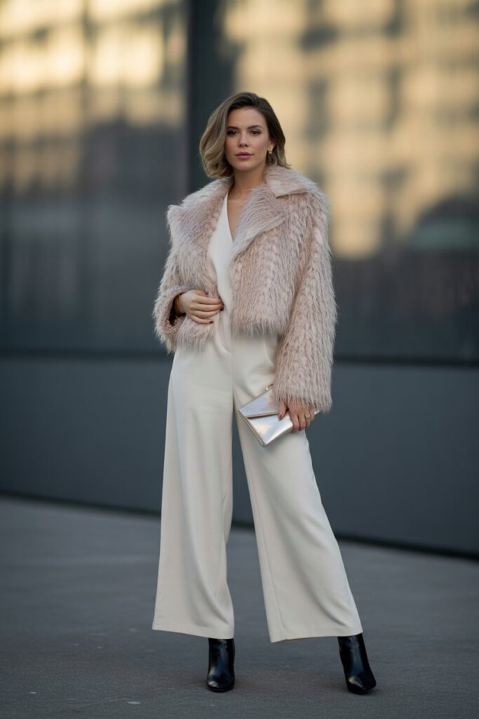 Wide-Leg Jumpsuit + Cropped Faux Fur Jacket