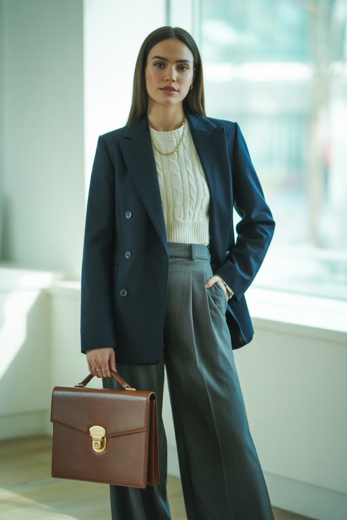 Wool Blazer + Cable-Knit Sweater + Wide-Leg Trousers