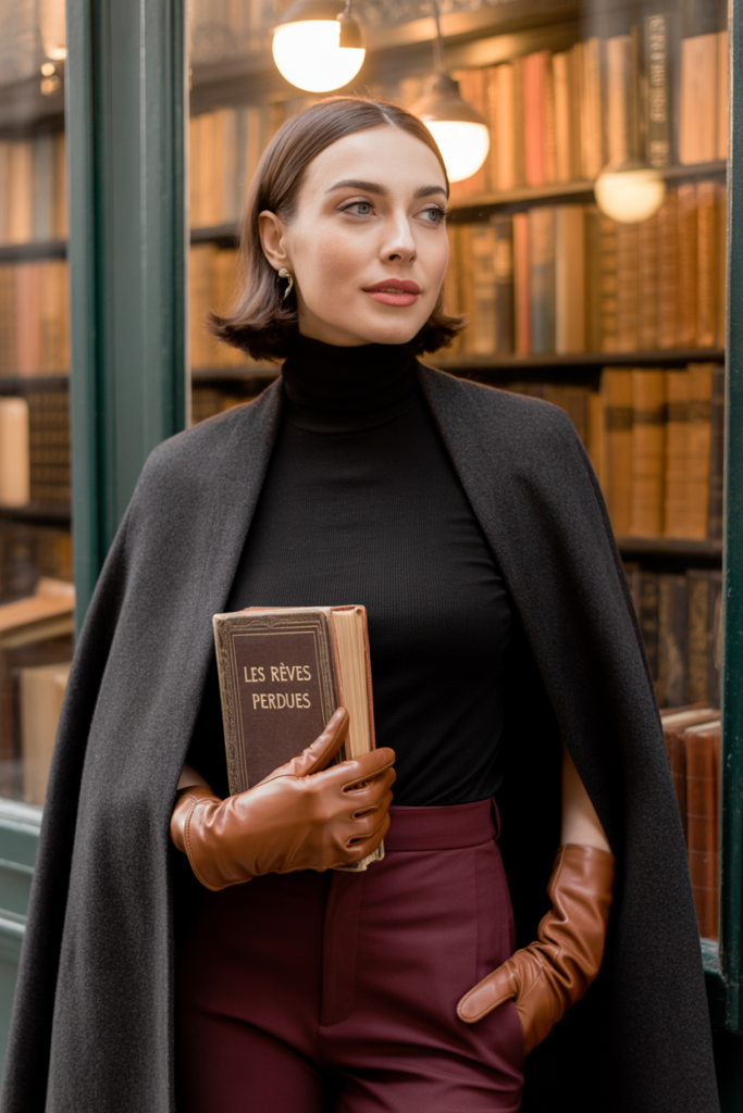 Wool Cape + Turtleneck + Leather Gloves
