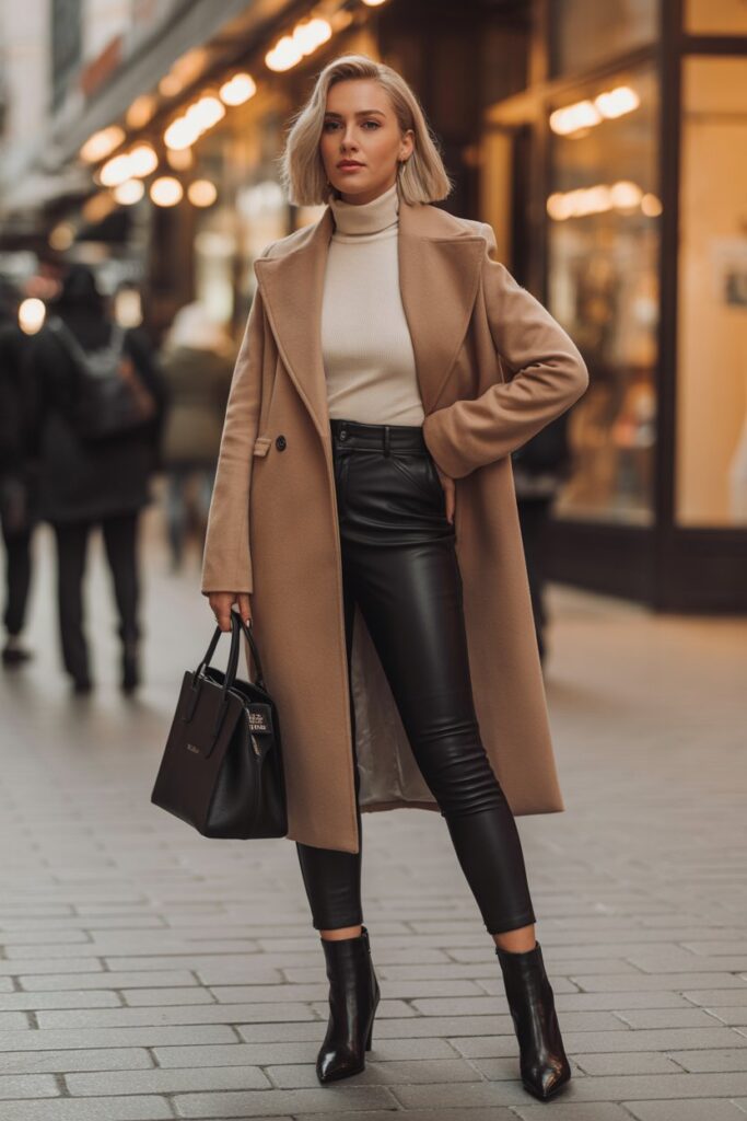 Wool Coat + Leather Pants + Turtleneck