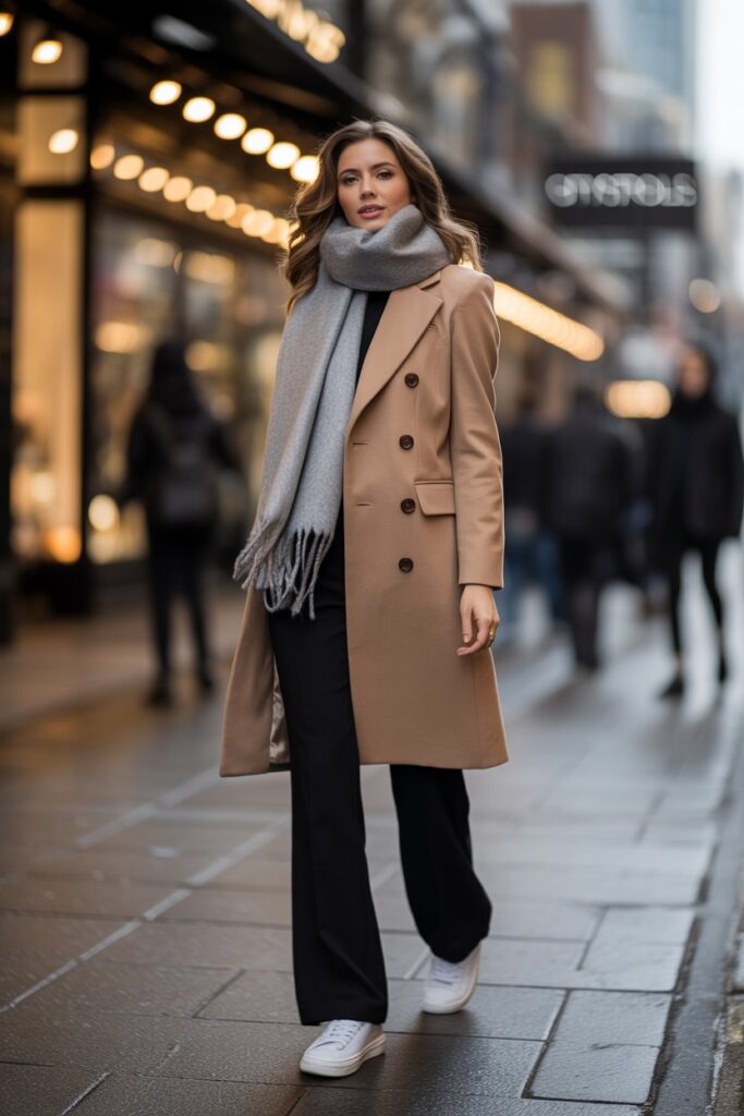 Wool Coat + Scarf + Straight-Leg Trousers For City Strolls