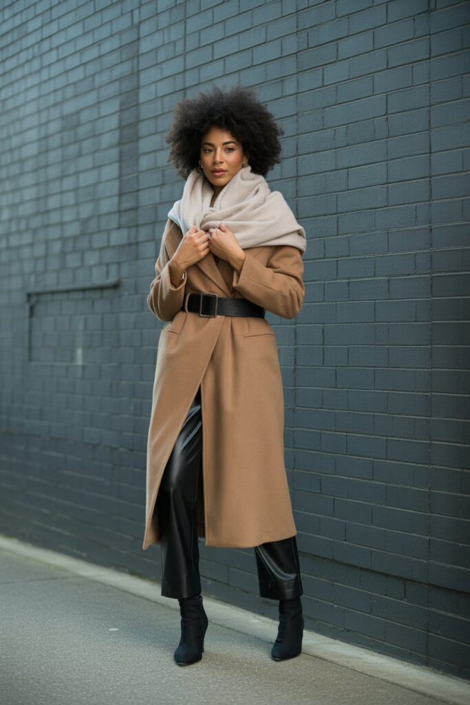Wool Wrap Coat + Leather Pants + Afro Puff