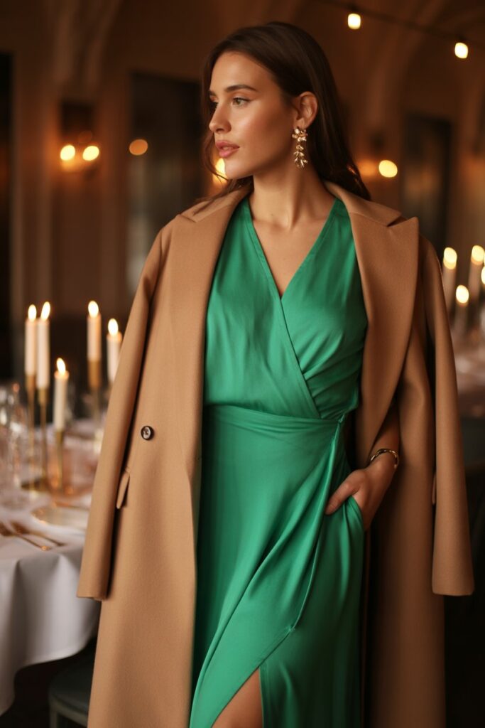 Wrap Dress + Longline Coat + Statement Earrings For Romantic Dinners