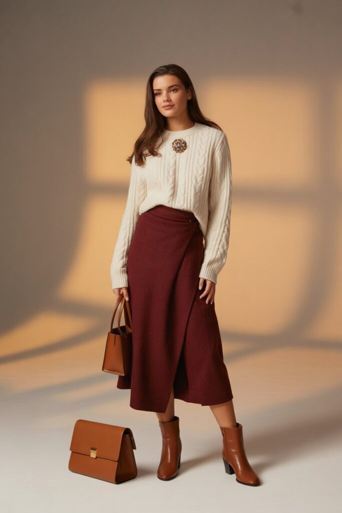 Wrap Skirt + Cable Knit Sweater
