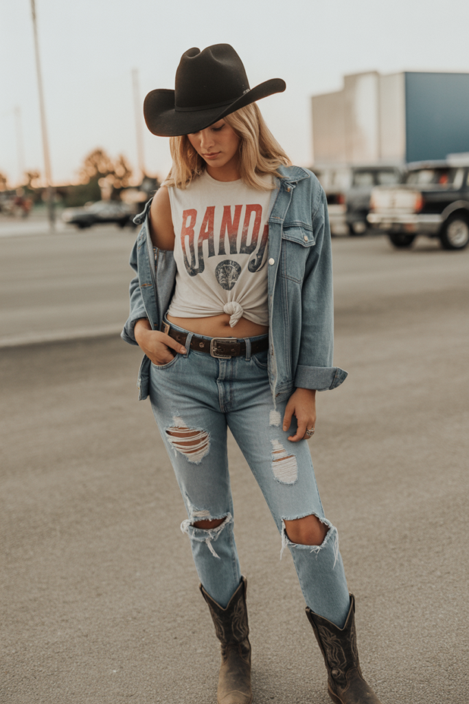 Band Tee + Distressed Jeans With Boots