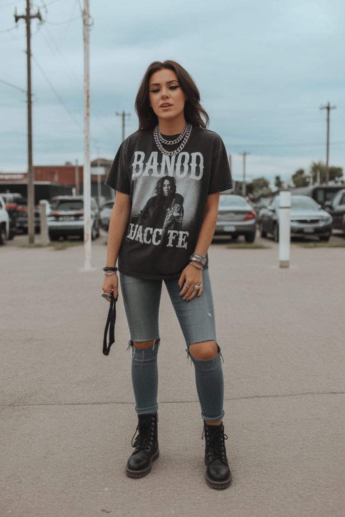 Band Tee + Ripped Jeans + Combat Boots