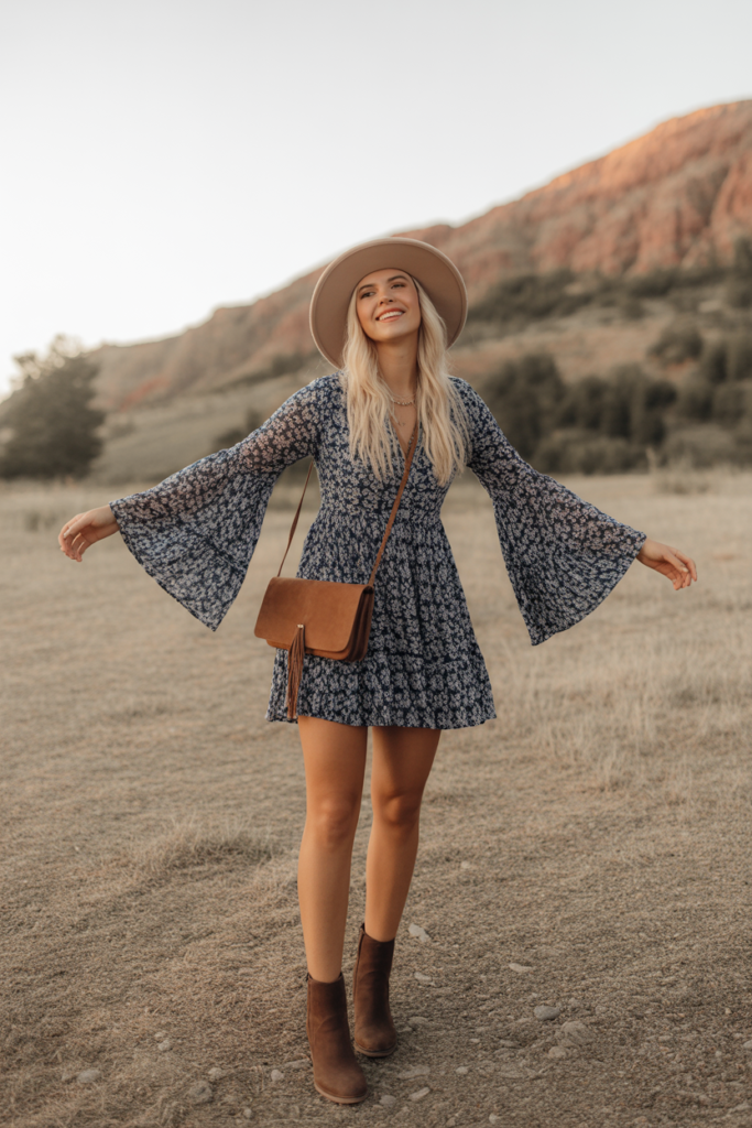 Bell-Sleeve Dress With Ankle Boots