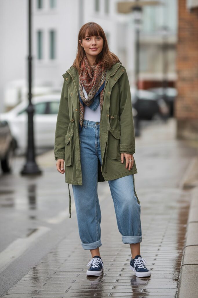 Belted Parka + Straight-Leg Jeans + Sneakers