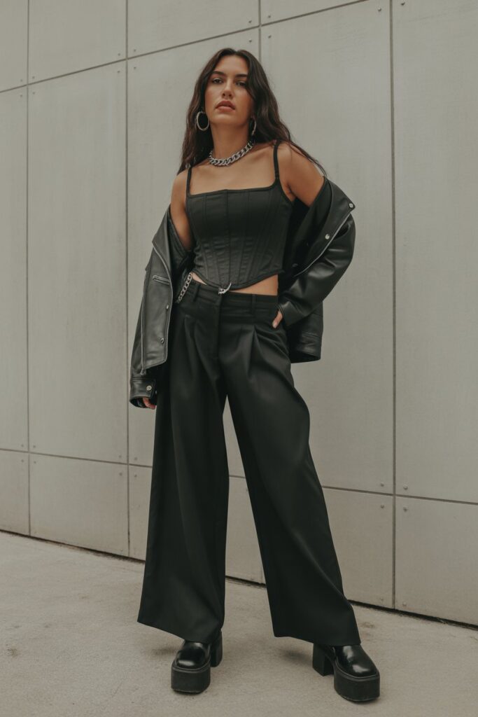 Black Corset Top + Wide-Leg Pants