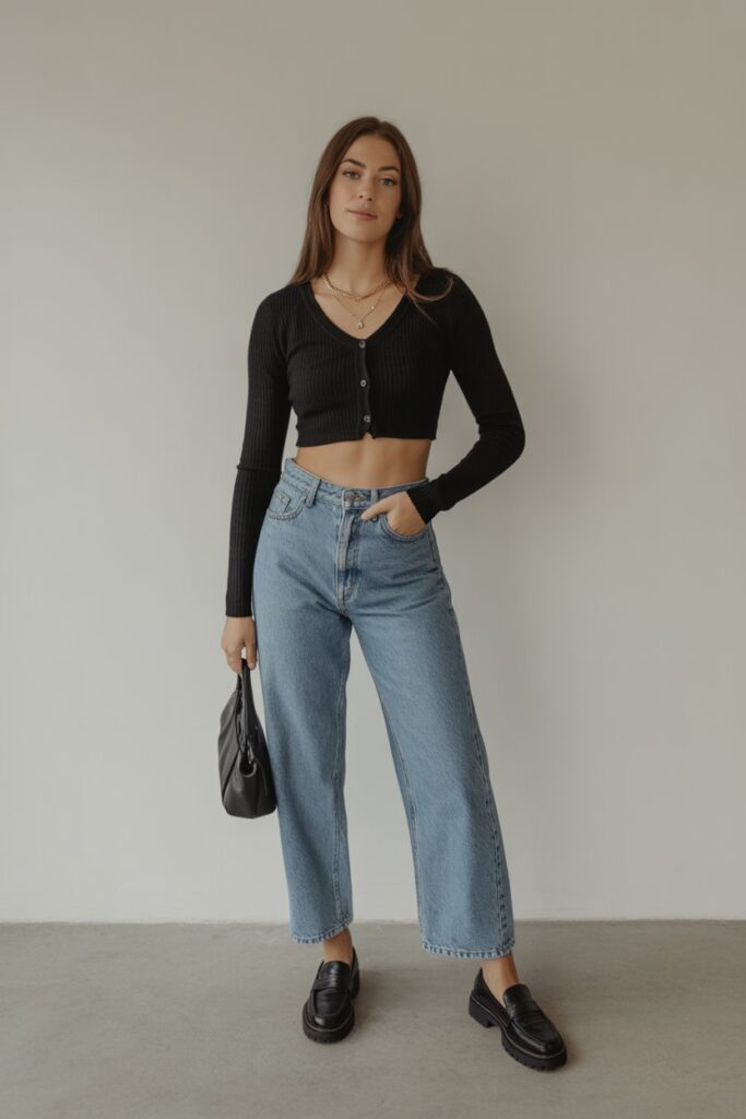 Black Cropped Cardigan + High-Waist Jeans