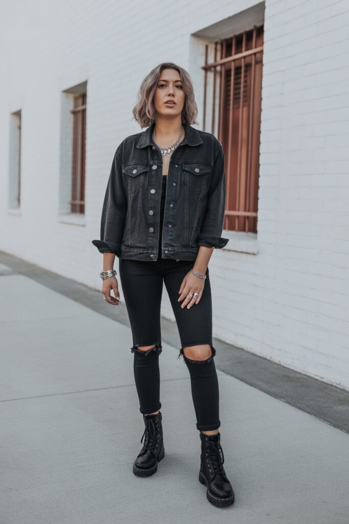 Black Denim Jacket + Ripped Jeans