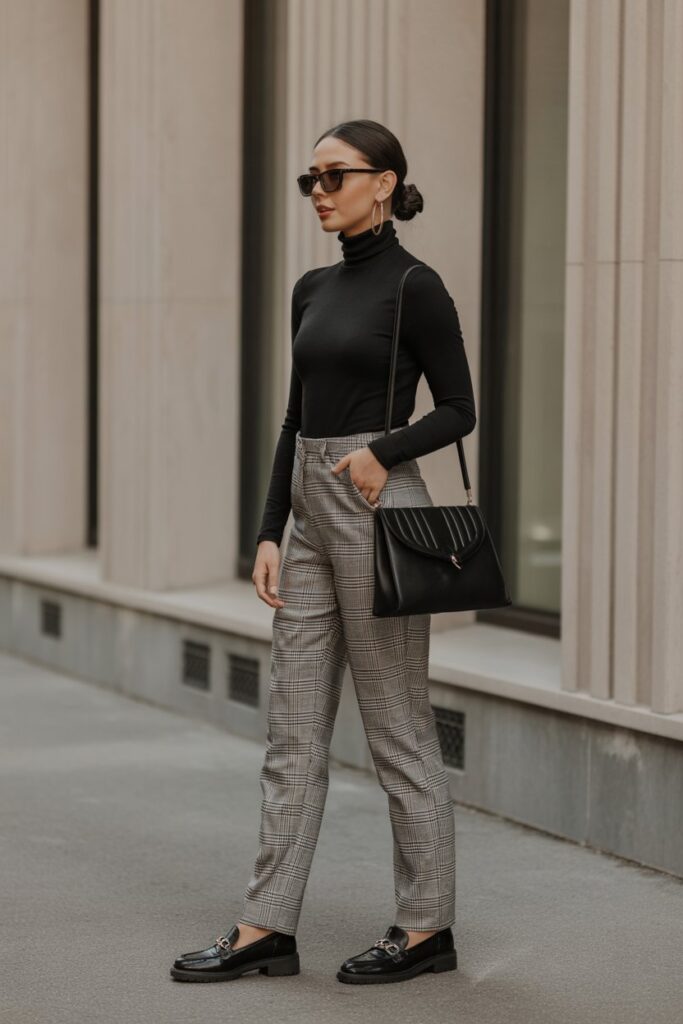 Black Turtleneck + Plaid Trousers