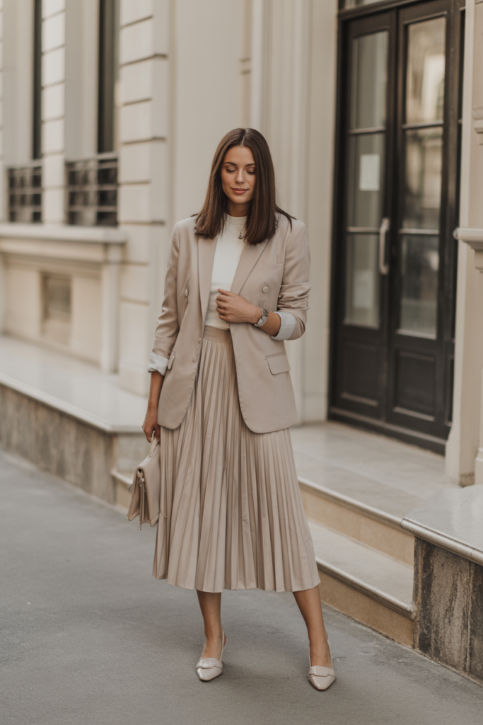 Blazer + Pleated Skirt