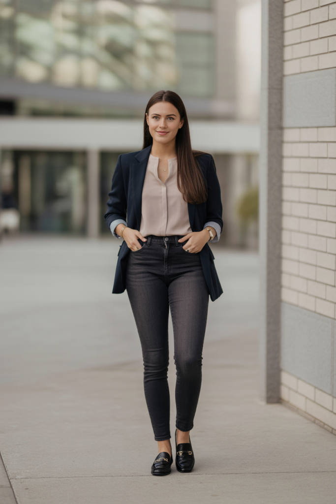 Business Casual Friday Look With Dark Jeans + Blazer