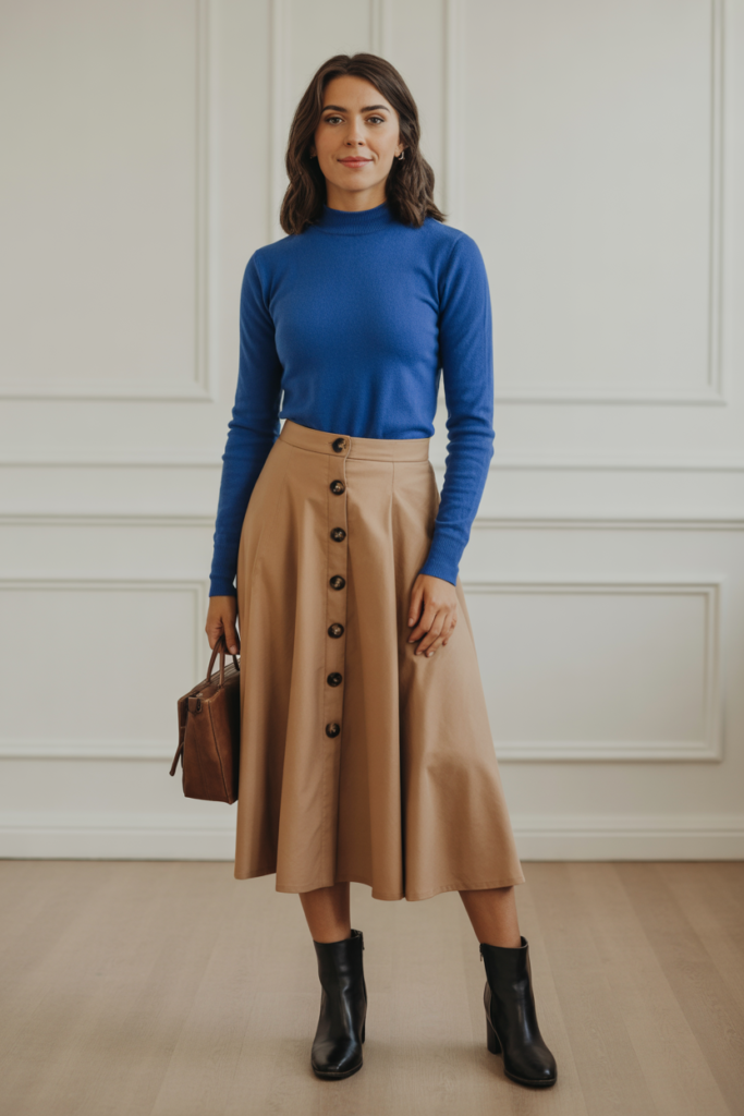 Buttoned Midi Skirt + Sweater For Versatile Style