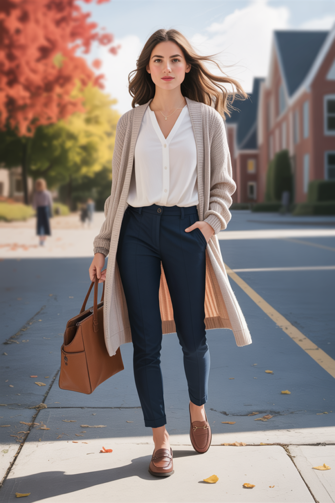 Cardigan + Blouse + Skinny Pants