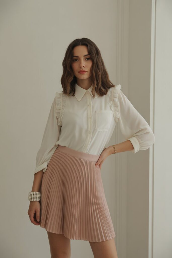 Chiffon Blouse + Pleated Mini Skirt