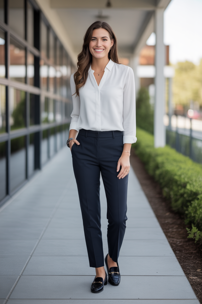Classic White Blouse + Tailored Trousers