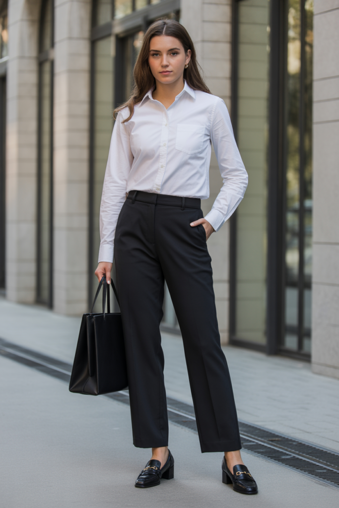 Classic White Button-Down + Tailored Trousers For A Polished Look