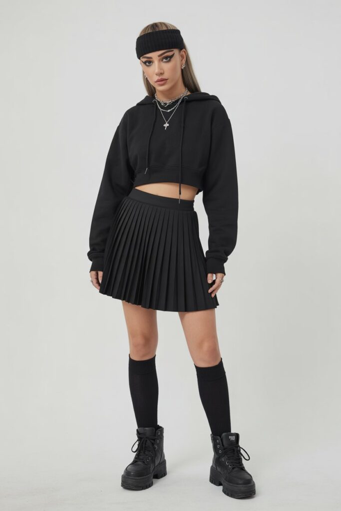 Crop Hoodie + Pleated Skirt