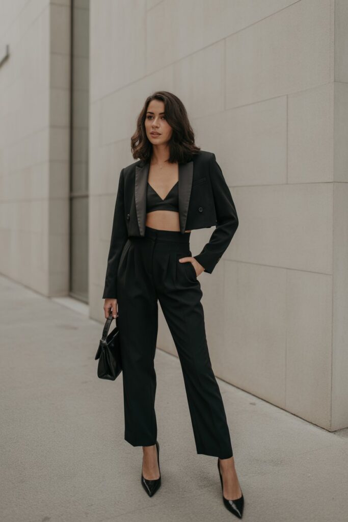 Cropped Black Blazer + High-Waist Pants