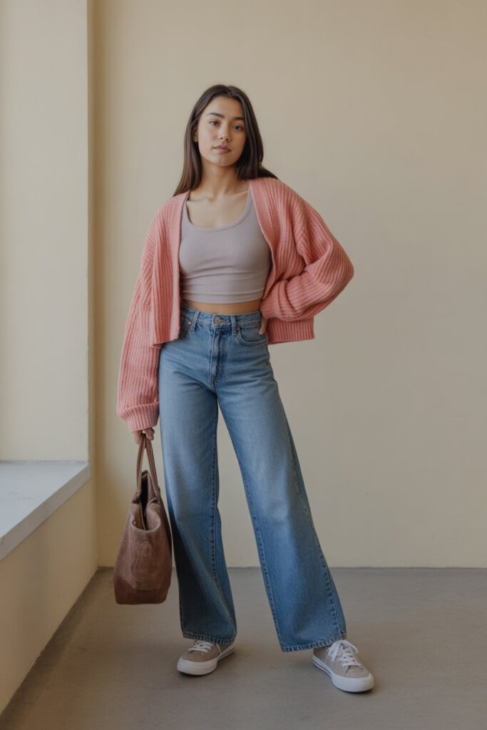 Cropped Cardigan + Tank Top + Wide-Leg Jeans