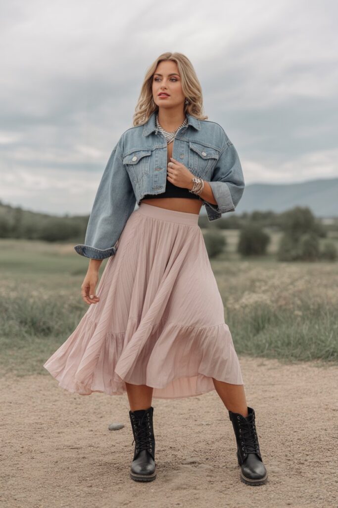 Cropped Denim Jacket + Midi Skirt
