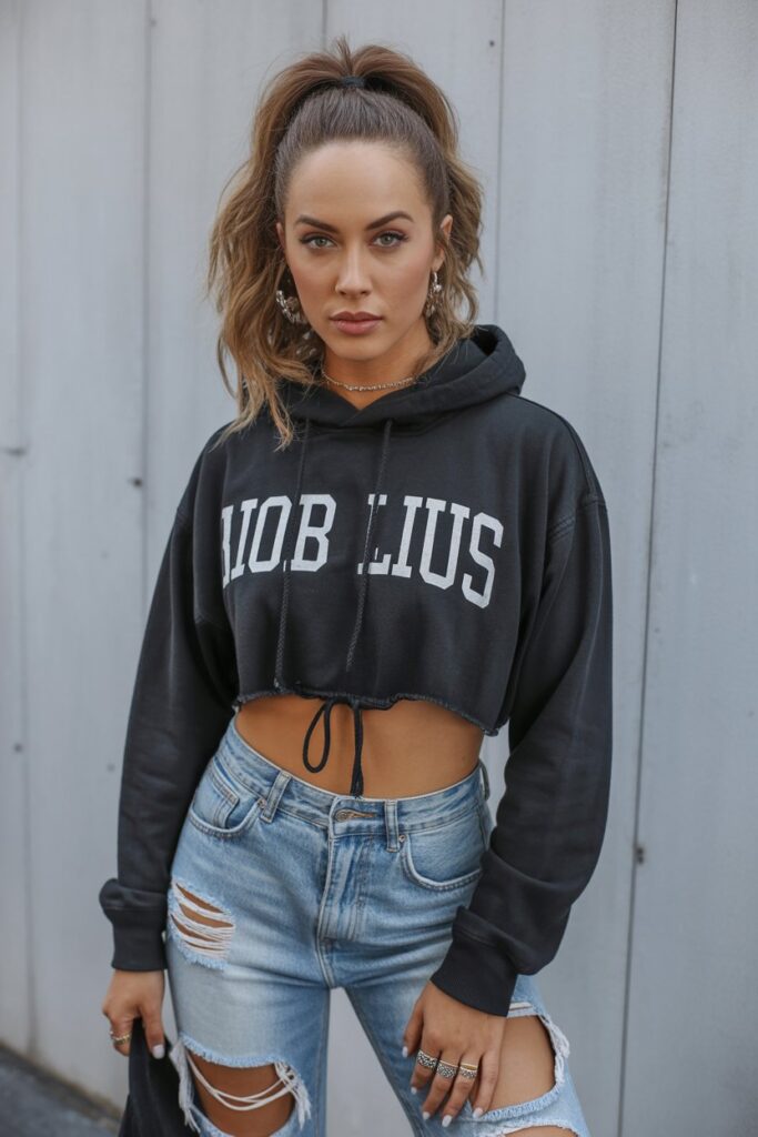 Cropped Hoodie + Ripped Jeans For Casual Rocker