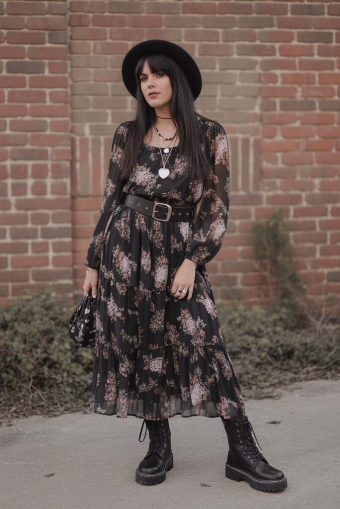 Dark Floral Dress + Combat Boots