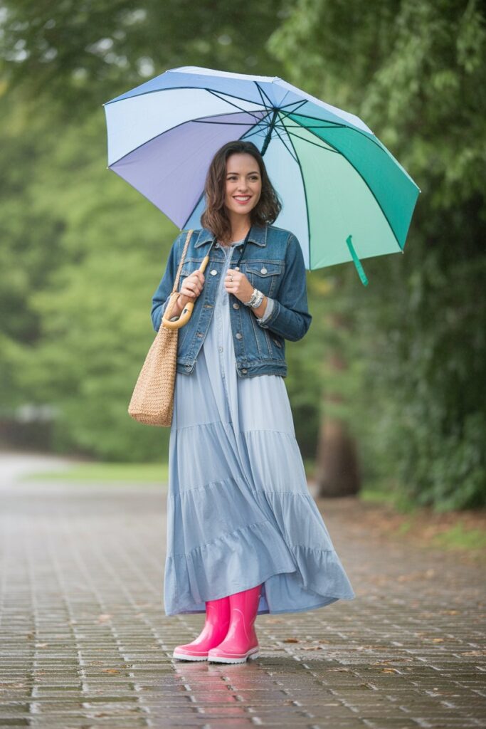 Denim Jacket + Maxi Dress + Rain Boots