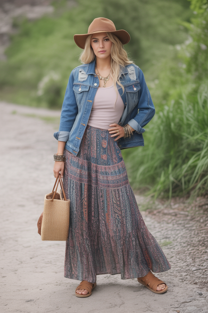 Denim Jacket With Printed Maxi Skirt