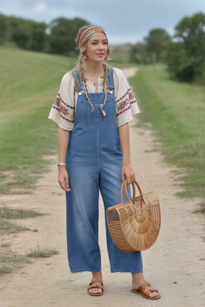 Denim Overalls + Embroidered Top