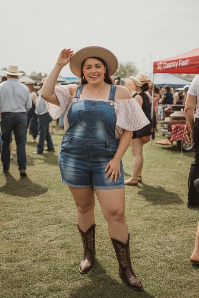 Denim Overalls + Off-Shoulder Blouse For Playful Cowgirl Style