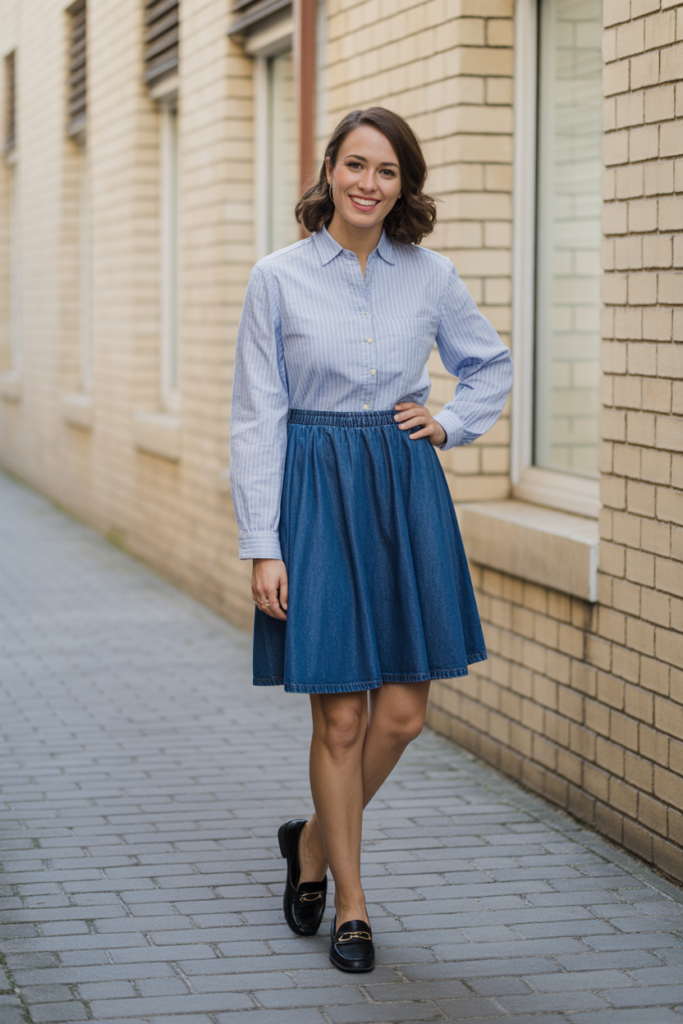 Denim Skirt + Blouse + Loafers