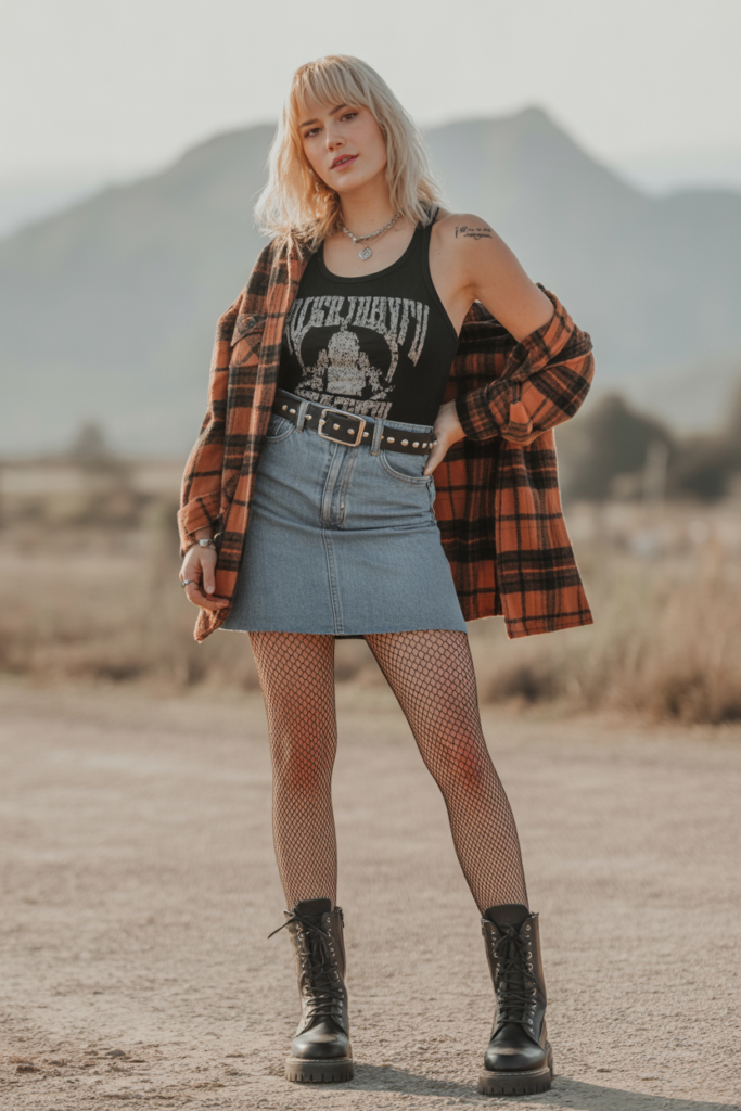 Denim Skirt + Combat Boots For Edgy Chic