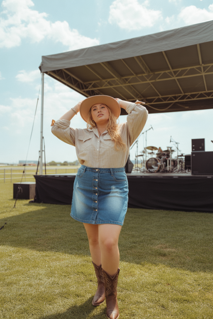 Denim Skirt + Cowboy Boots For Country Concert Vibes