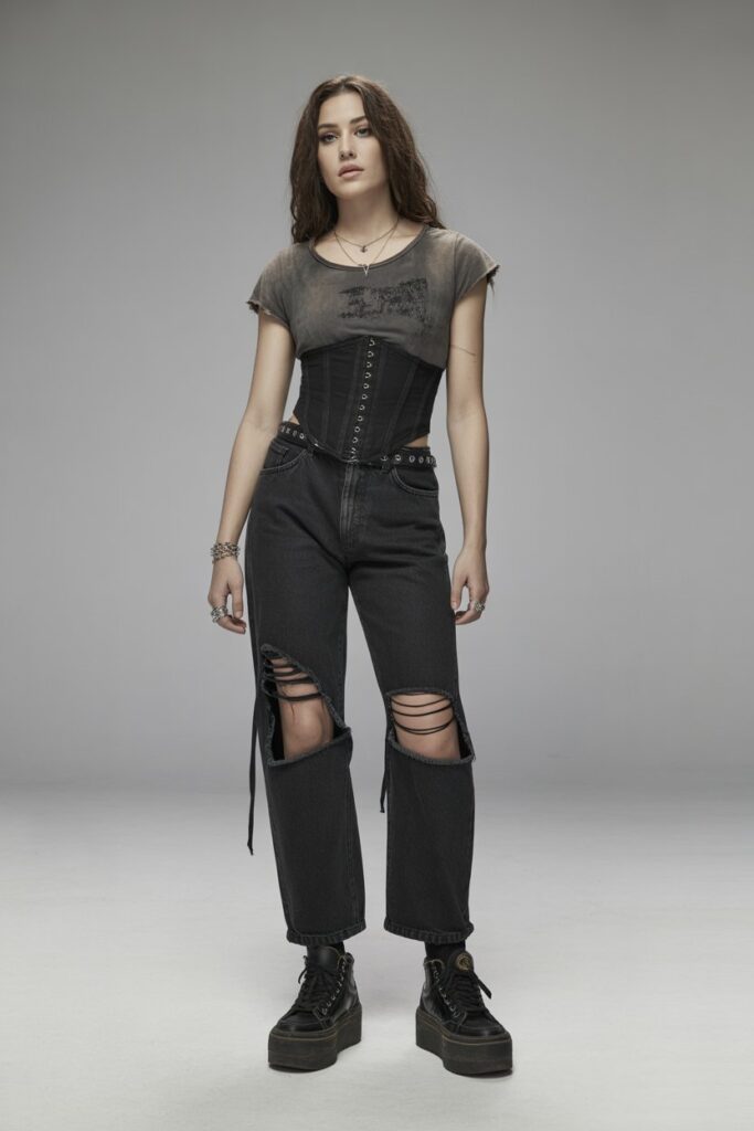 Distressed Denim + Corset Belt