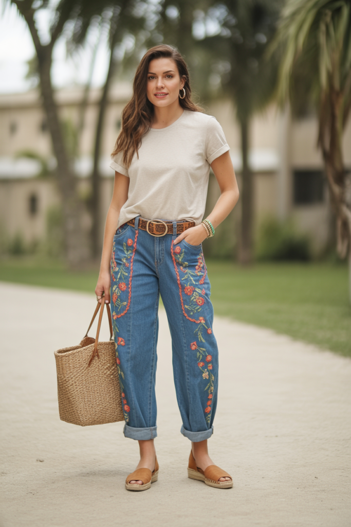 Embroidered Jeans With A Simple Tee