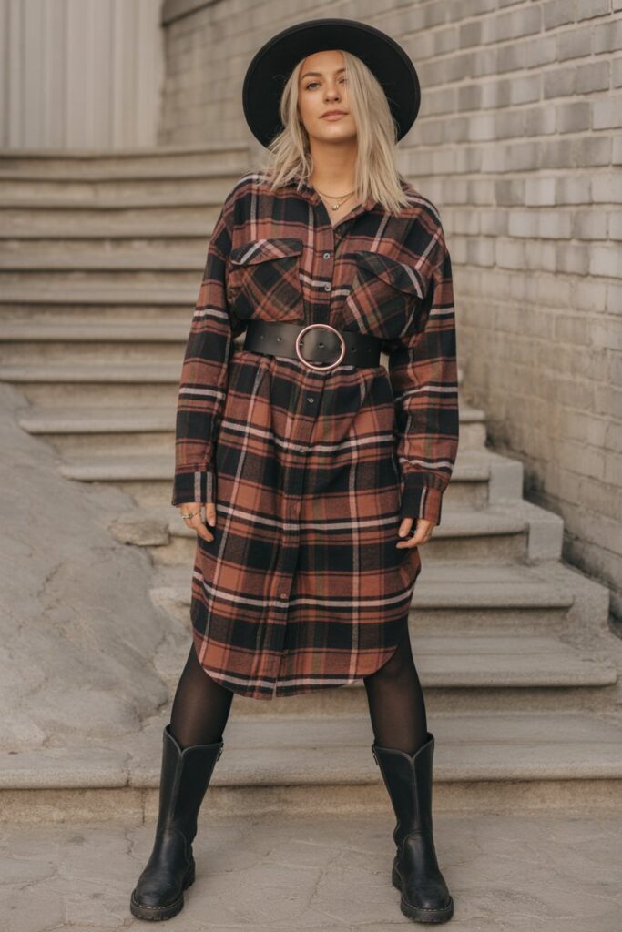 Flannel Dress + Belt + Boots