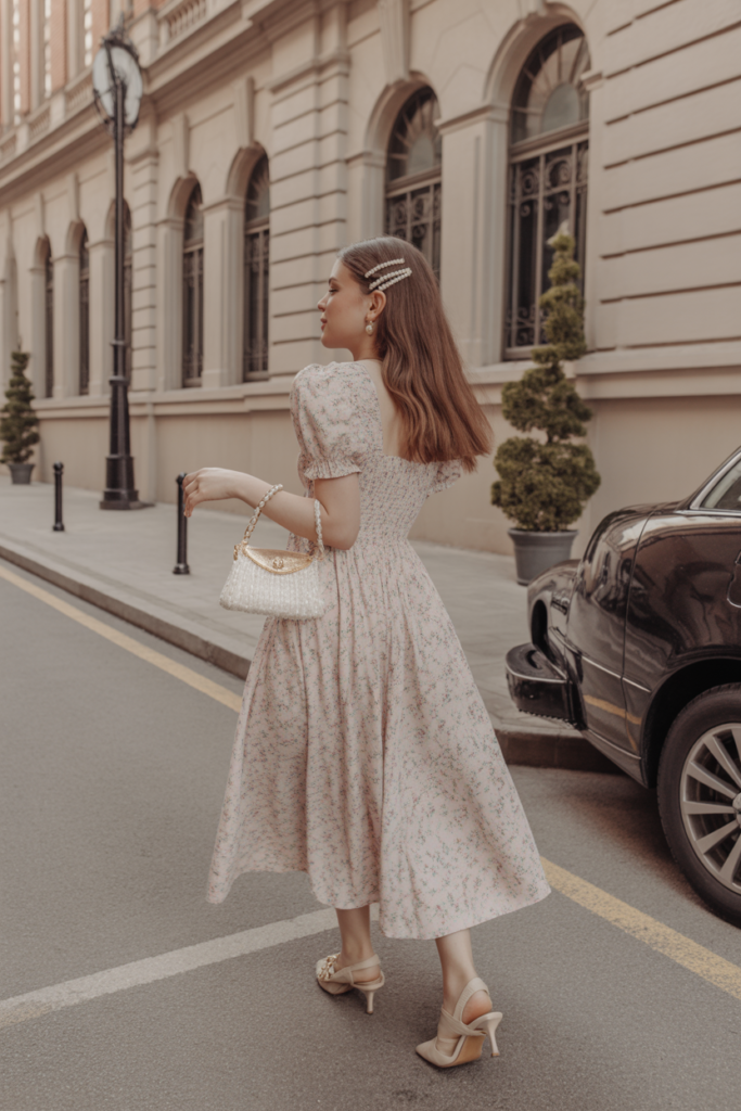 Floral Midi Dress + Pearl Hair Clips