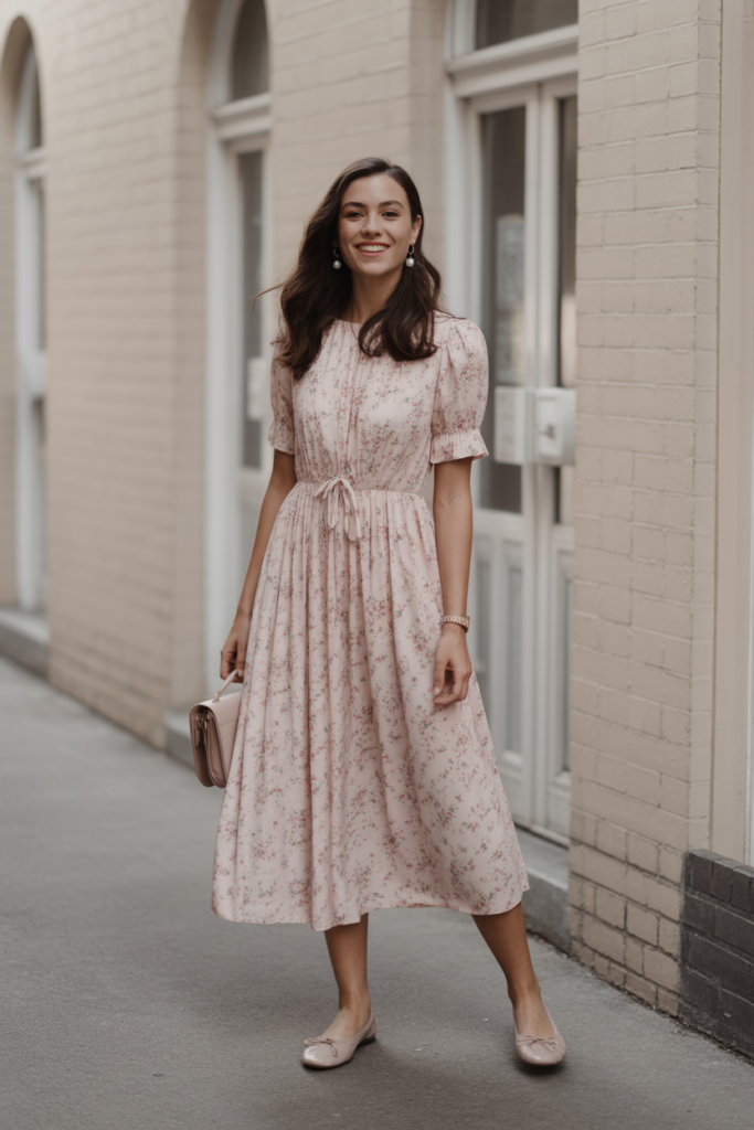 Floral Midi Dress With Ballet Flats