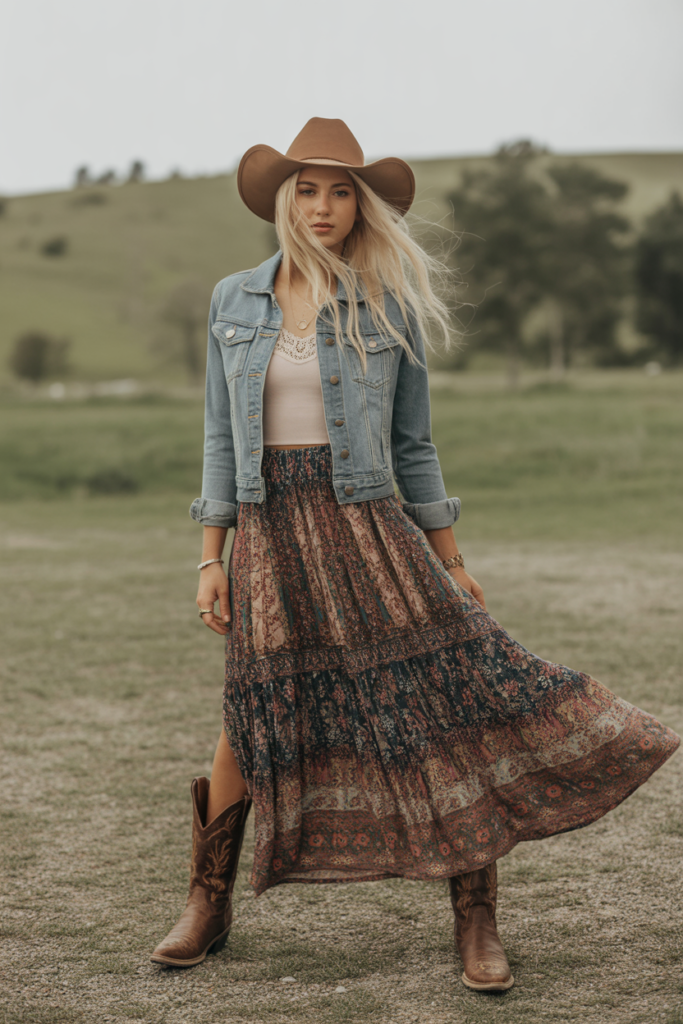 Flowy Maxi Skirt + Denim Jacket Combo