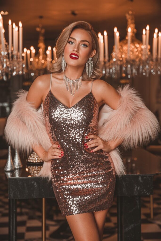. Glitter Mini Dress + Fur Stole