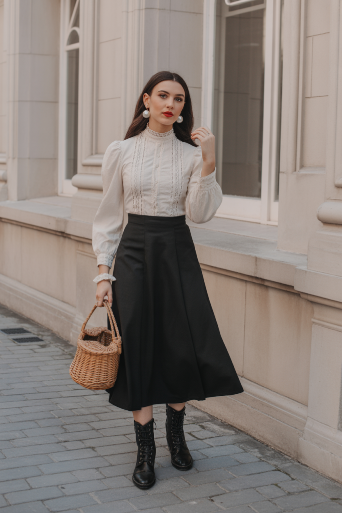 High-Neck Blouse + Midi Skirt