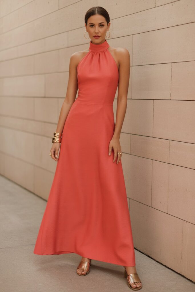 High-Neck Maxi Dress With Gold Accessories