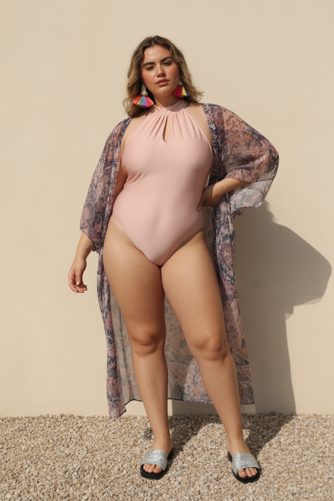 High-Neck One-Piece + Tassel Earrings