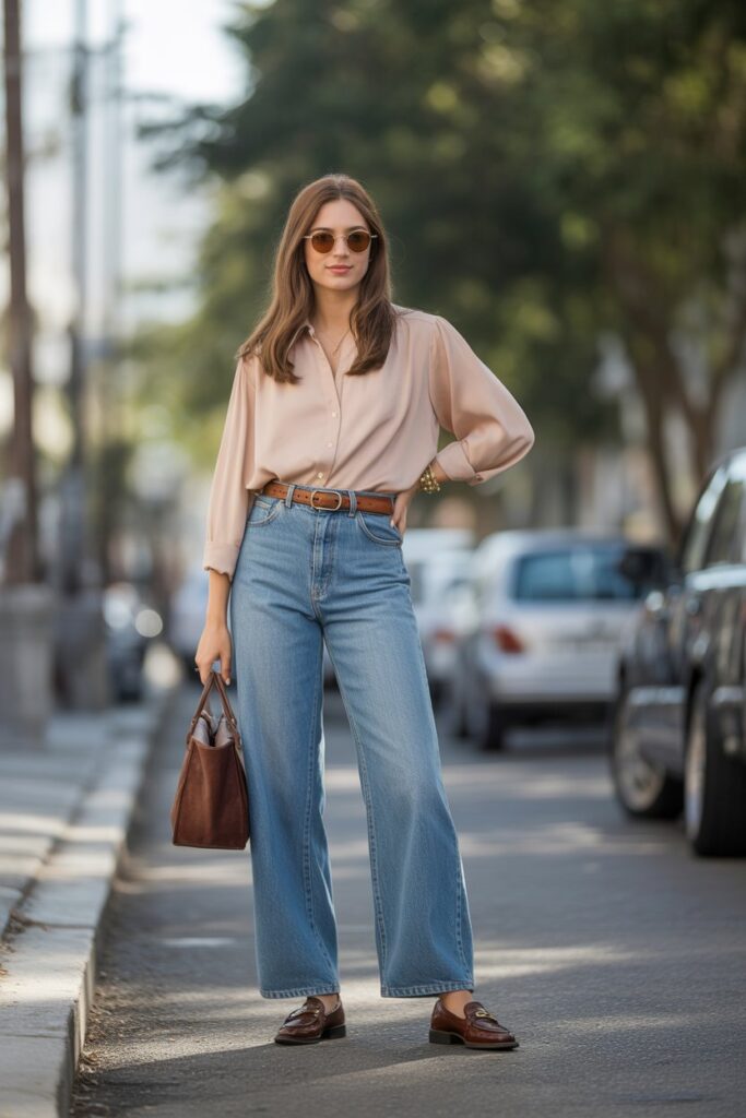 High-Waisted Jeans + Tucked-In Blouse