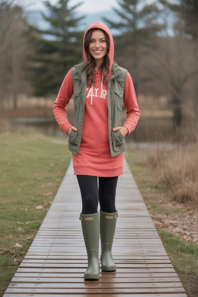 Hoodie Dress + Leggings + Rain Boots