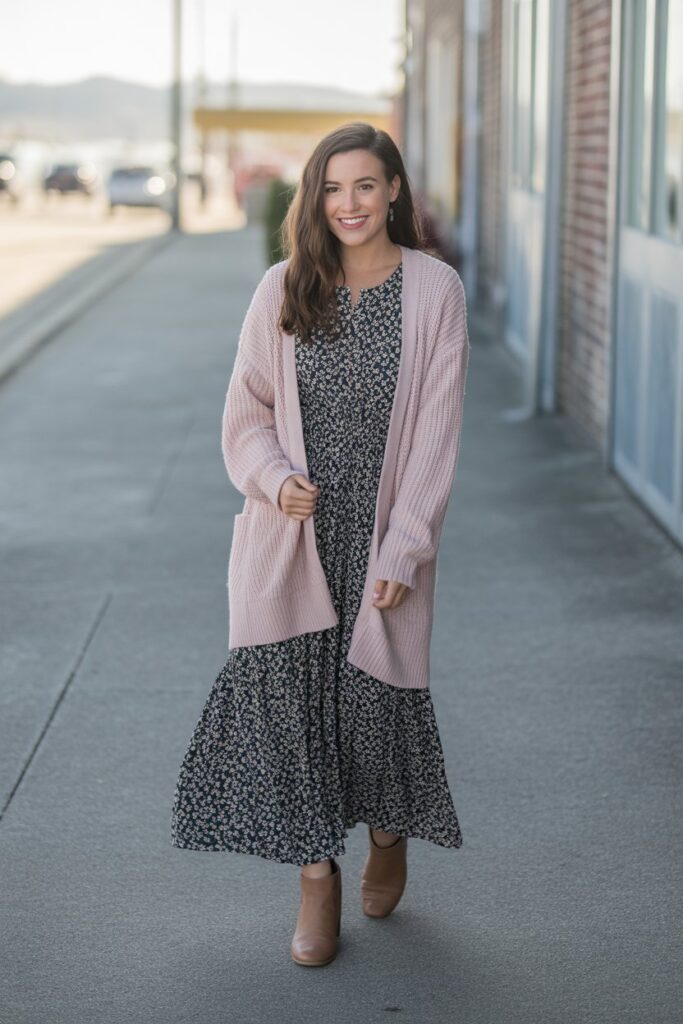 Knit Cardigan + Printed Dress